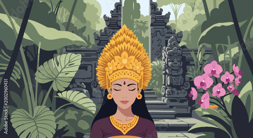 Balinese woman in traditional headdress meditating in front of ancient temple gate surrounded by lush jungle foliage and orchids.