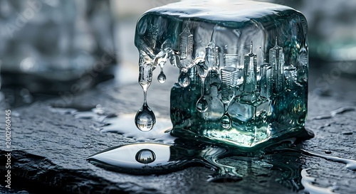 A small ice cube contains intricately detailed models of skyscrapers arranged like a cityscape.
