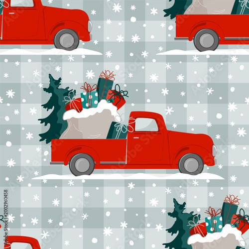 Christmas seamless pattern with red truck and Xmas tree and gifts on gingham background. Winter print with hand drawn vintage car and holiday presets sack. Vector illustration