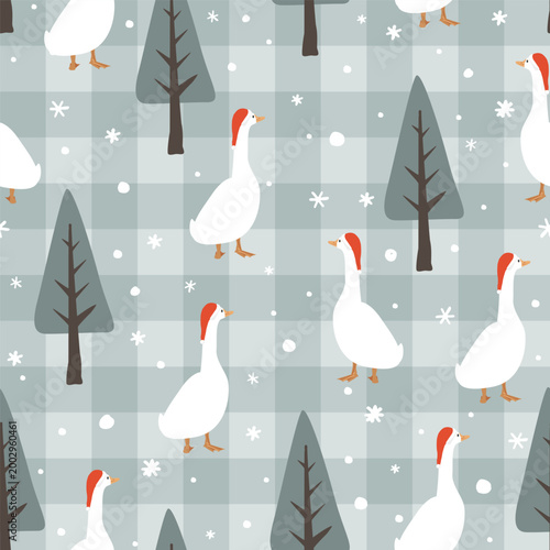 Seamless winter pattern with cute geese in Santa hats and doodle hand drawn pine trees. Merry Christmas vector gingham background