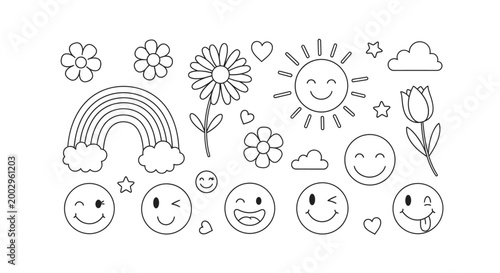 Tableau sur toile Smiling faces with flowers and symbols.
