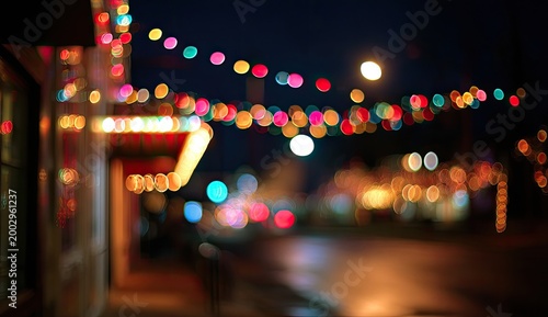 Festive colorful lights strung above a street at night, creating a blurred, magical glow