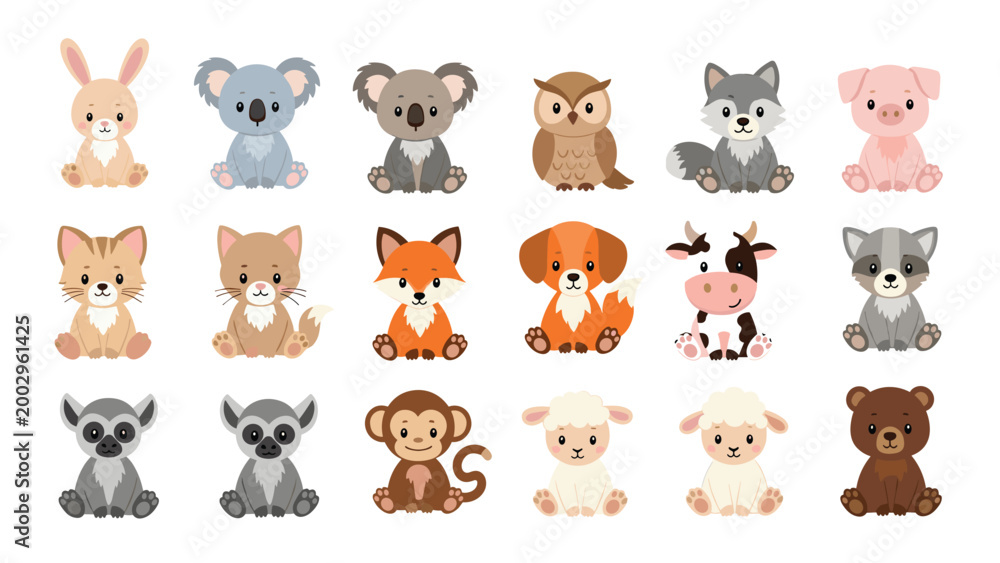 Fototapeta premium Large group of adorable cartoon baby animals including a rabbit, koala, owl, fox, and bear in a soft friendly style.