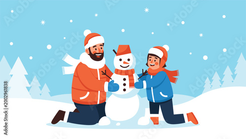 Cheerful father and his young daughter bond while building a classic snowman together in a beautiful winter forest landscape.