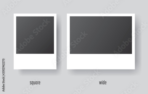 Realistic polaroid photo template. Empty two photo frames mock up with shadow. Vintage set in different formats - square and wide. Vector illustration on grey background.