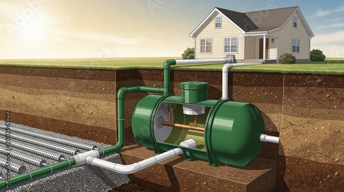 Illustration of a residential home with an underground septic system showing tanks, pipes, and soil layers.