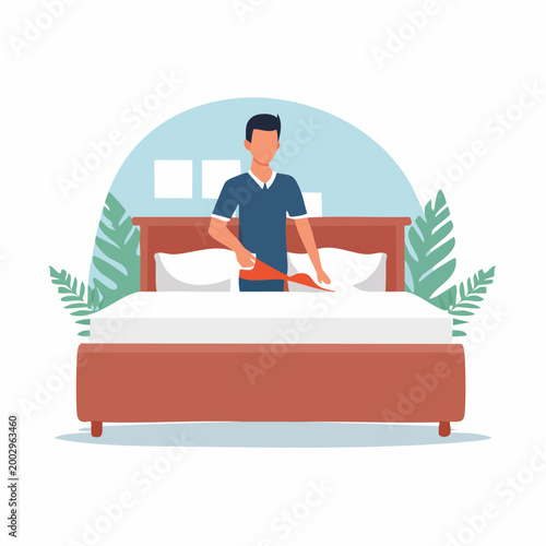 Man Making Bed with White Sheets and Pillows