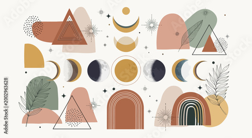 Boho Celestial Moon Phases and Abstract Geometric Shapes Collection