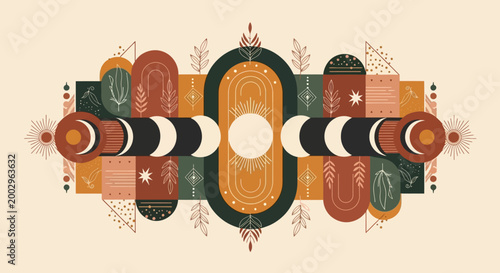 Boho Celestial Moon Phases and Abstract Geometric Shapes Illustration