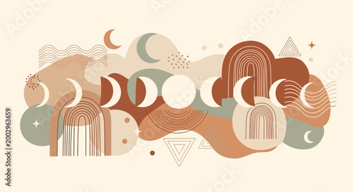 Boho Celestial Moon Phases and Abstract Geometric Shapes Illustration