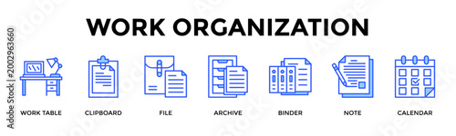 Work Organization  Banner Web  Icon Set Collection Pack Vector Illustration Concept Containing Work Table, Clipboard, File, Archive, Binder, Note, Calendar