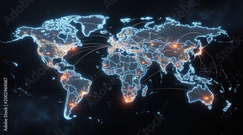 A glowing digital world map illustrating global connectivity with bright hubs and network lines linking major cities across continents.