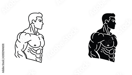 Muscular male torso side profile silhouette showing fitness physique in outline and solid black fill styles for health and gym branding
