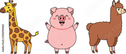 Cute farm and wild animals set giraffe pig and llama cartoon characters isolated on white background playful vector illustration collection