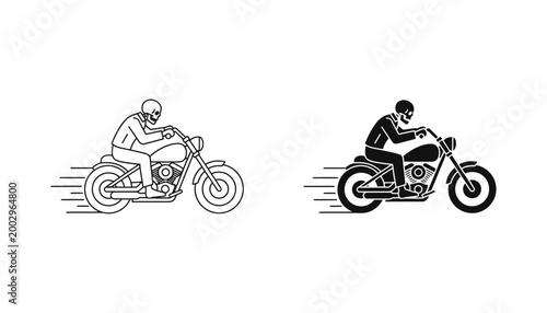 Skull biker riding motorcycle at high speed depicted in both minimalist line art and solid black silhouette for custom motorcycle club branding