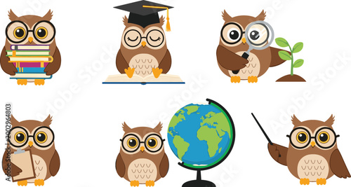 Smart owl characters set education concept with books graduation globe pointer and magnifying glass cute cartoon vector illustration collection