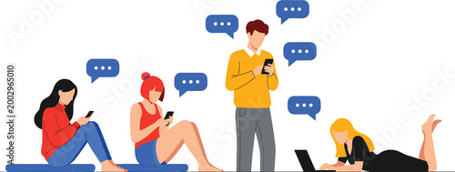 Canvastavla People using smartphones and chatting online set young men and women texting bro