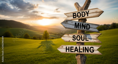 Wooden signpost with arrows pointing to body, mind, soul, and healing, set in a peaceful green landscape with a beautiful sunset