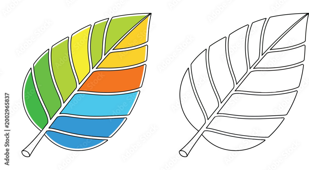 Naklejka premium Stylized colorful leaf icon alongside a black outline version. Vector graphic for coloring pages, nature logos, or environmental designs.