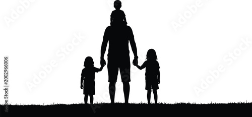 Touching father's day silhouette dad holding hands with two daughters