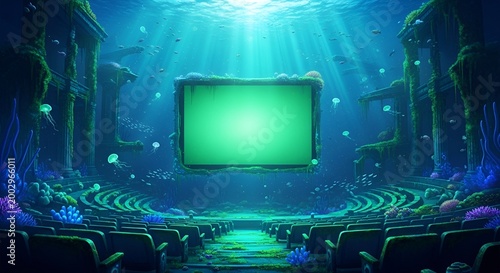 Underwater theater with green screen display.