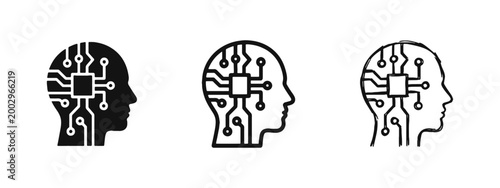 Artificial Intelligence and Cybernetics Icon Set with Circuit Head Profile