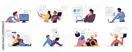 Web developers people work vector illustration set. Cartoon designer coder characters working with virtual graphical interface, developing website design, writing software code isolated on white