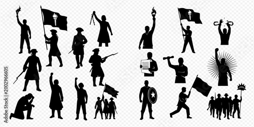 Set of black silhouettes of people protesting, marching, and fighting for freedom and rights, including historical figures and modern activists.