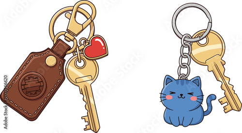Cute keychains set metal keys with heart charm leather tag and cat pendant adorable accessories cartoon vector illustration collection