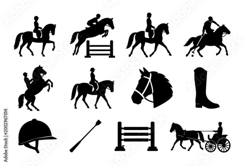 Equestrian Sport Silhouette Icon Set – Dressage Jumping Polo Horse Riding Collection