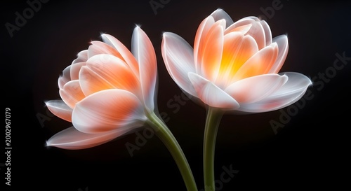Stylized glowing lotus flowers with sparkling highlights. Zen meditation and luxury wellness concept. Twin radiant blossoms shining with a golden center and soft light on a dark background