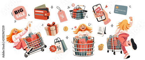 Shopping sale sticker set with happy woman and retail spree elements. Trendy vector collection with cart, basket, wallet, phone promo, gift box, discount tags, credit card, coins and receipt icons.