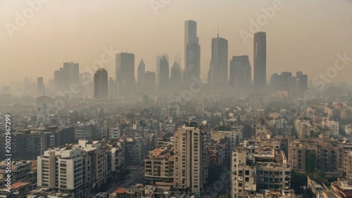 Urban Skyline in Haze: A breathtaking high-angle view of a city enveloped in a dense haze, showcasing its towering skyscrapers and expansive urban landscape. 