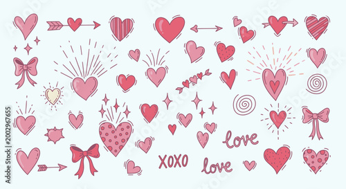 Collection of pink heart shapes symbols.