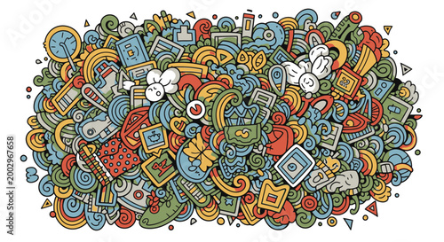 Colorful chaotic jumbled technology icons.