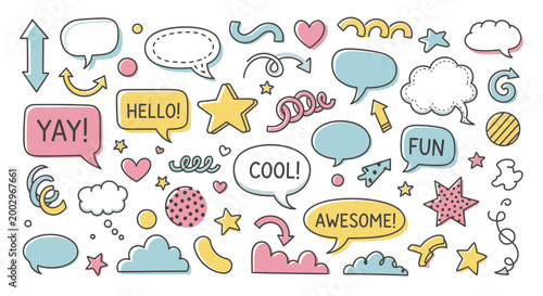 Colorful cartoon speech bubbles stickers.