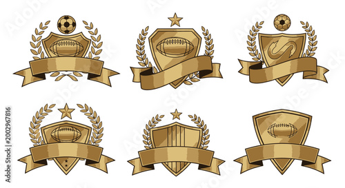 Golden Badges with Ribbons and Emblems.