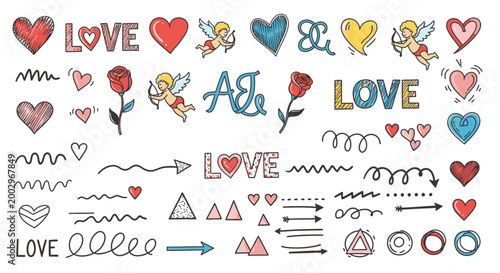 Colorful heart shapes and love symbols.