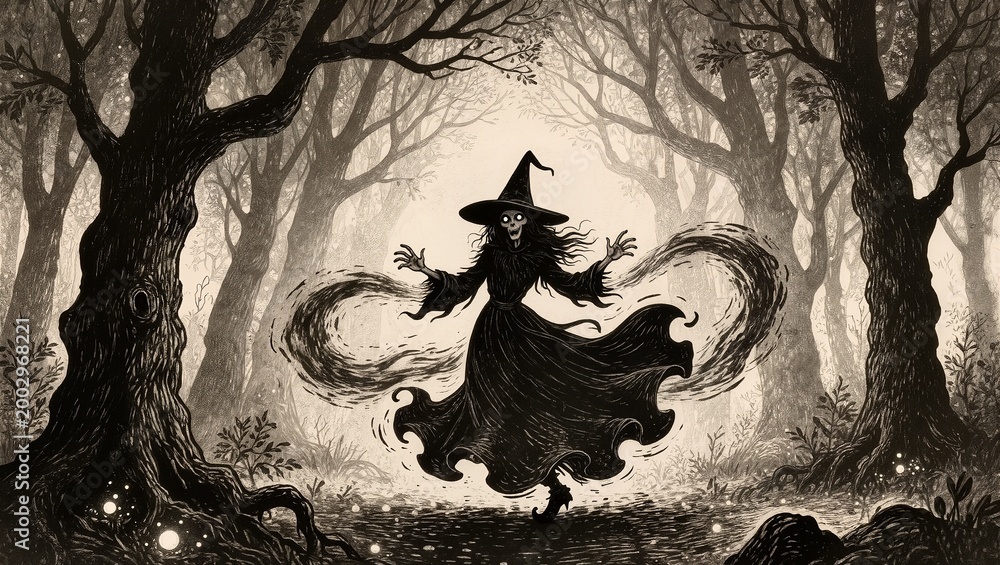 Fototapeta premium Dark Fantasy Illustration of a Witch Casting Magic Spells in a Misty Forest