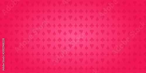 Bright pink banner with playing card suits pattern. Hearts, Spades, Diamonds and Clubs suits silhouette on pink gradient background. Vector illustration
