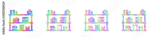 Multicolored sketch workshop shelf icon design set