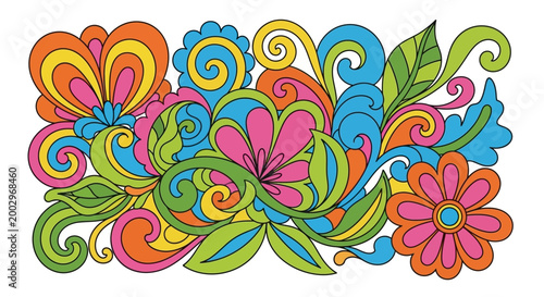 Colorful Retro Floral Pattern with Psychedelic Swirls and Vibrant Botanical Elements