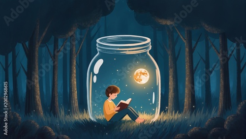 Whimsical Concept of a Boy Reading a Book by the Light of the Moon inside a Glass Jar