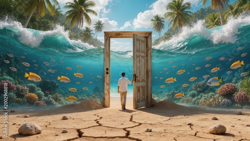 Surreal Concept of an Open Wooden Door on a Dry Land Leading into a Tropical Ocean