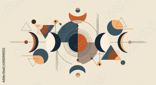 Geometric Moon Phases Abstract Art with Celestial Elements and Earth Tones
