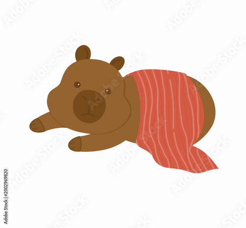 Cozy capybara character staying warm under red blanket illustration