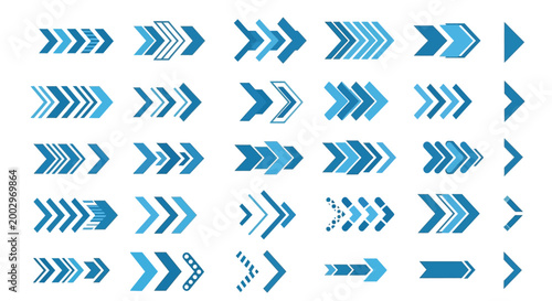 Modern blue arrow vector collection featuring diverse geometric shapes and stylish directional pointers designed for professional business presentations or web interface layouts that require clear nav