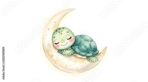 Cute turtle sleeping on crescent moon clip art adorable watercolor illustration for baby showers nursery decor