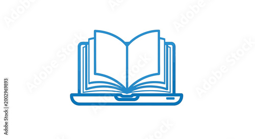 This modern blue vector illustration graphic design showcases an open book seamlessly integrated with a laptop computer representing digital learning, online education, knowledge, and information acce