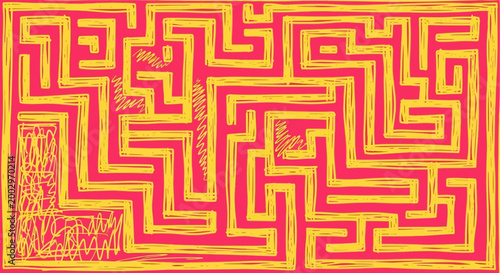 Hand Drawn Maze Puzzle Pattern in Yellow and Red
